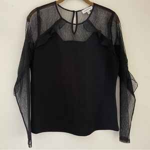Calligraphie Black Blouse with Sheer Neckline and Sleeves